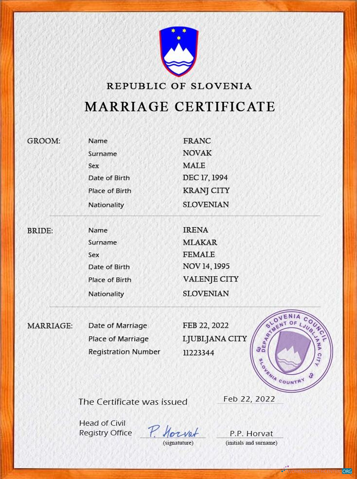 Download Slovenia marriage certificate PSD template Photoshop template